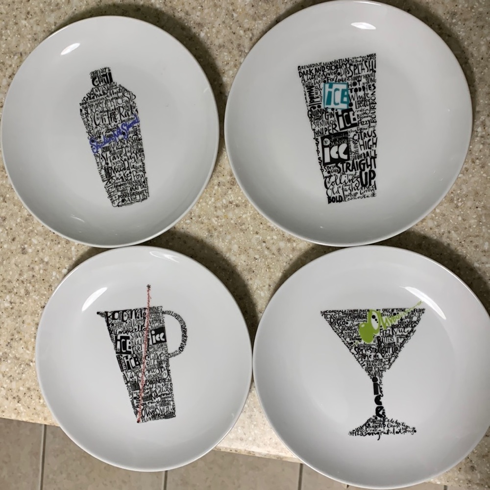 Crate and Barrel drink themed dessert plates. Set of 4. No chips or cracks.